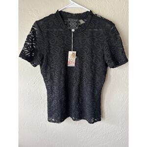 NWT Johnny Was Astrid Semi-sheer Black Short Sleeve Lace Top Sz M